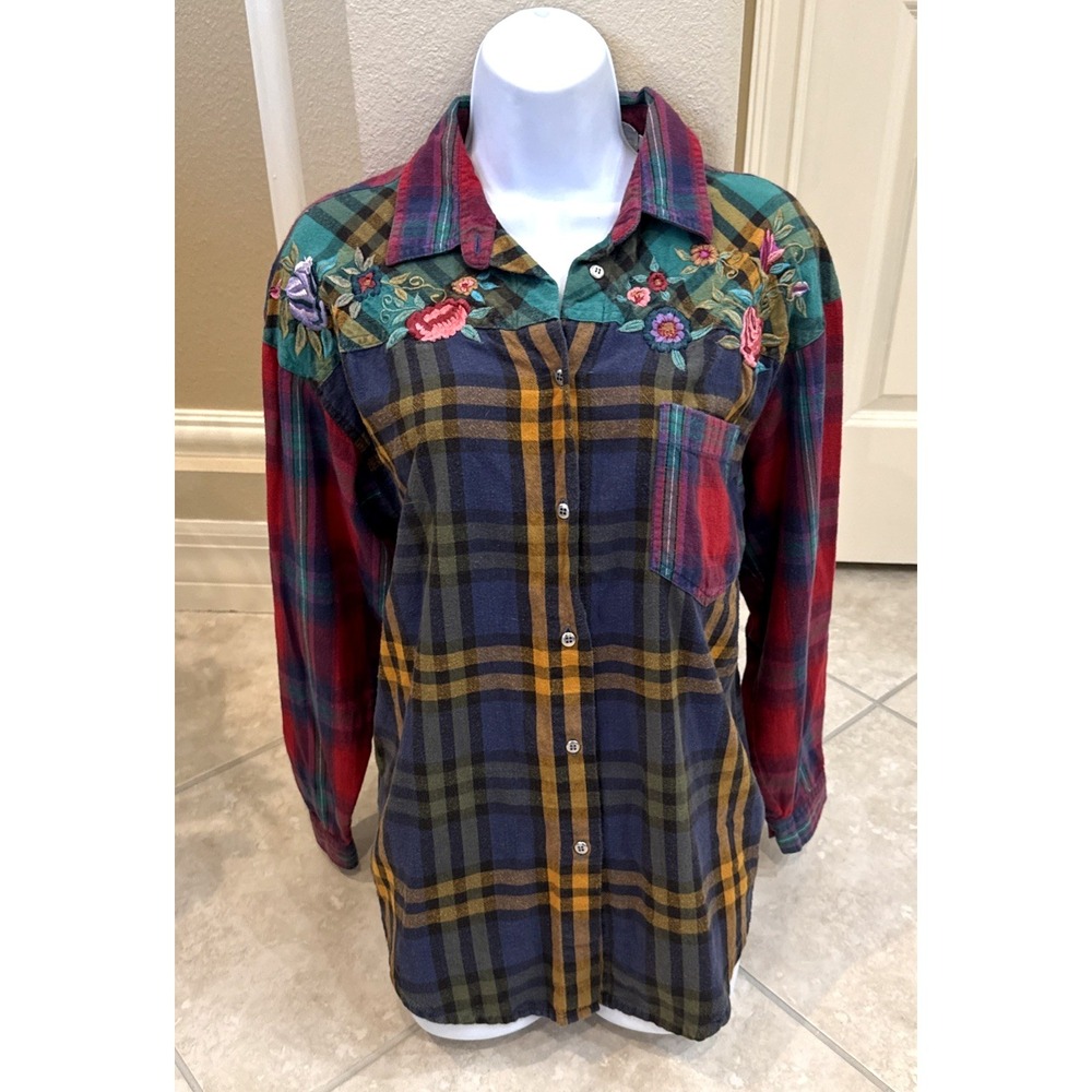QPS Multicolor Plaid Button Up Shirt Embroidered Floral Boho Western Sz M Countr